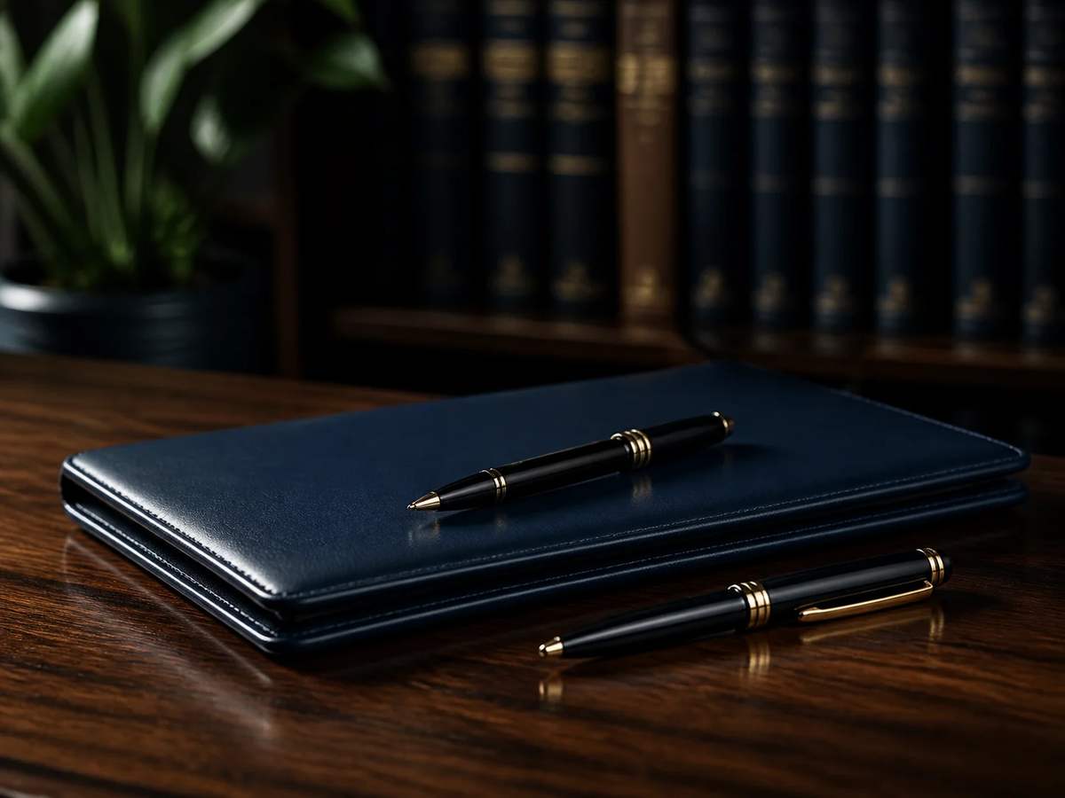 A navy case file and pens on a law office desk