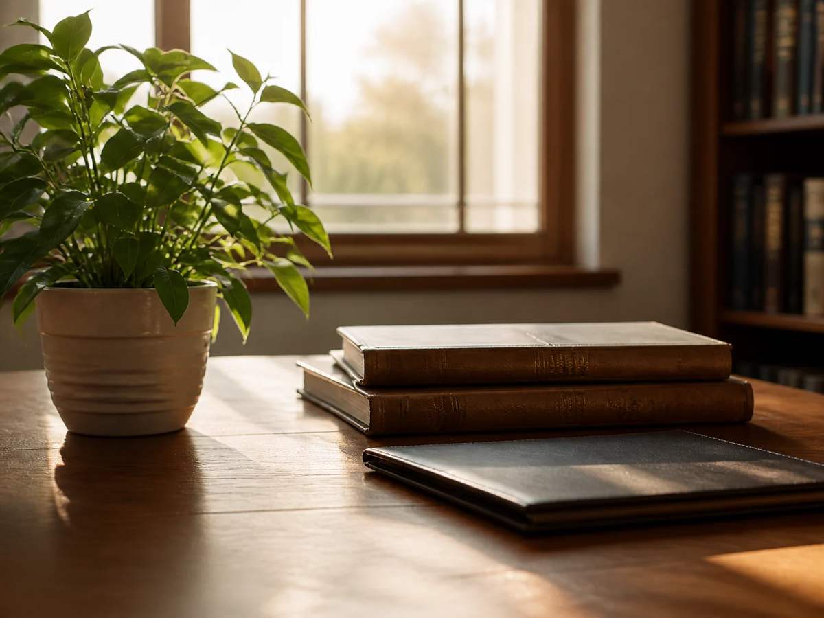 Legal books, a case folder, and a plant beside a sunlit office window