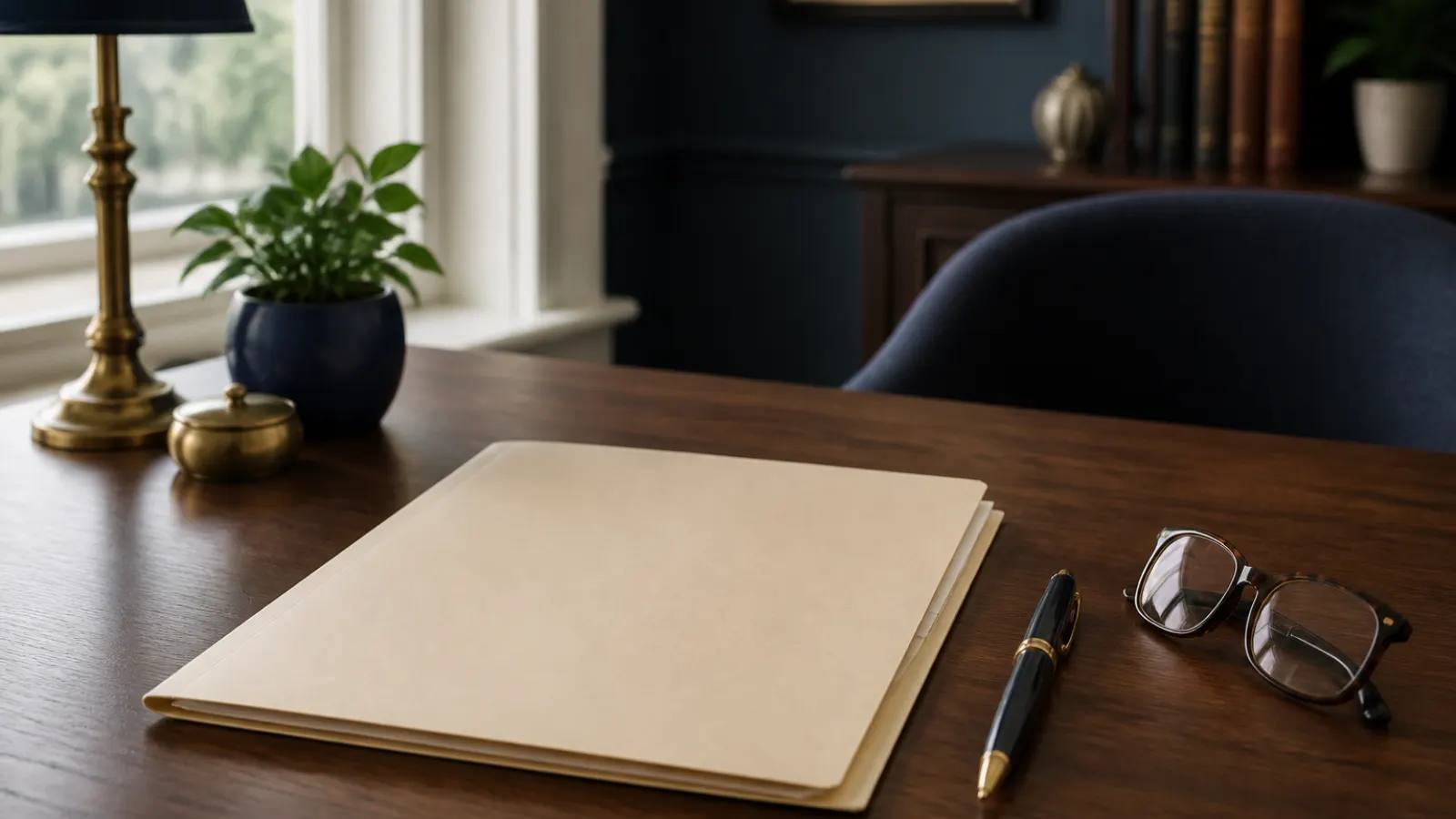 A closed manila folder, a fountain pen and reading glasses on an office desk, like an insurance claim file waiting for review