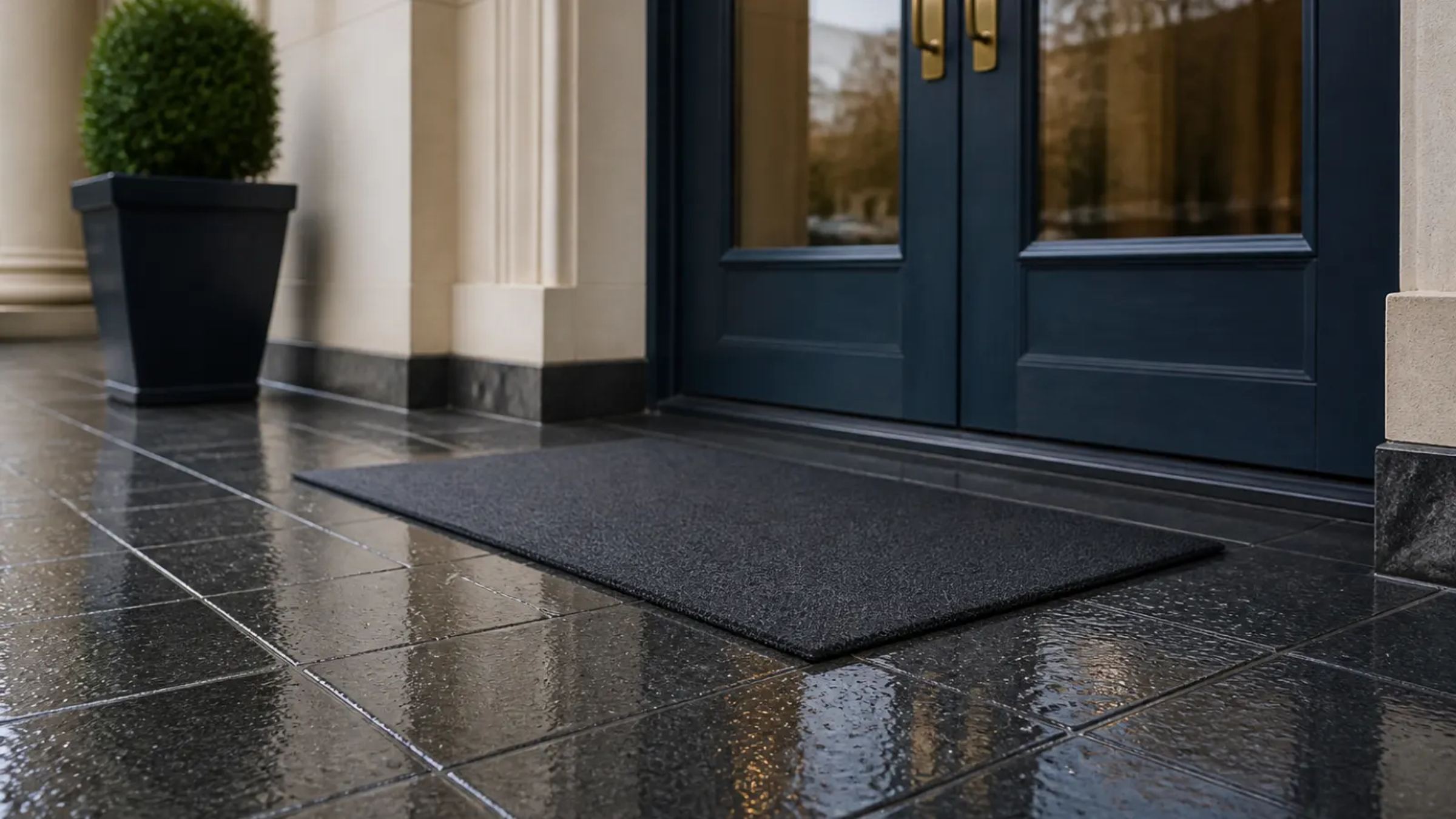 A rain-wet tiled entryway and doormat in front of a building's double doors, a common place for slip-and-fall injuries