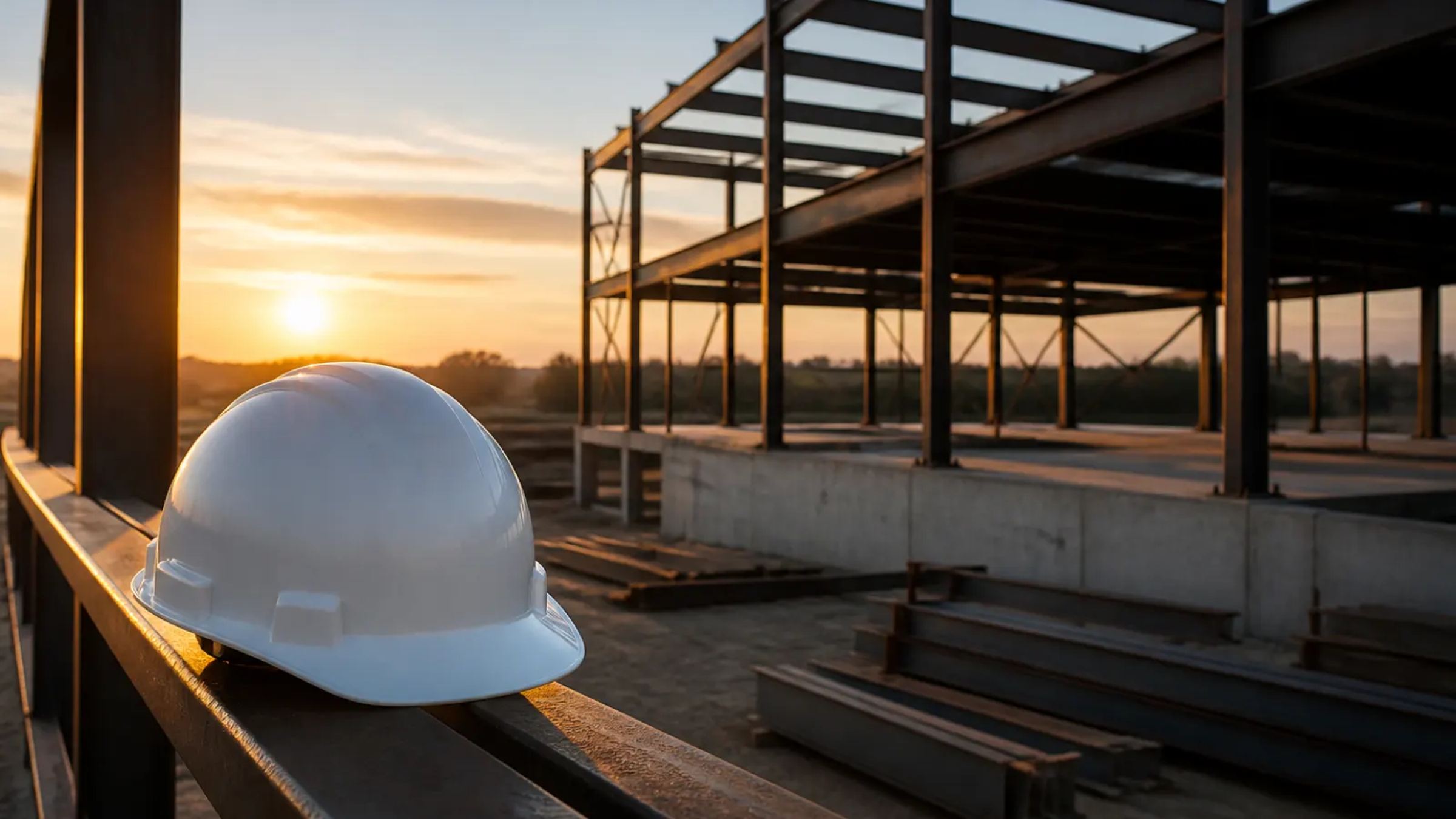 A white hard hat resting on a rail at a steel-frame construction site at sunrise