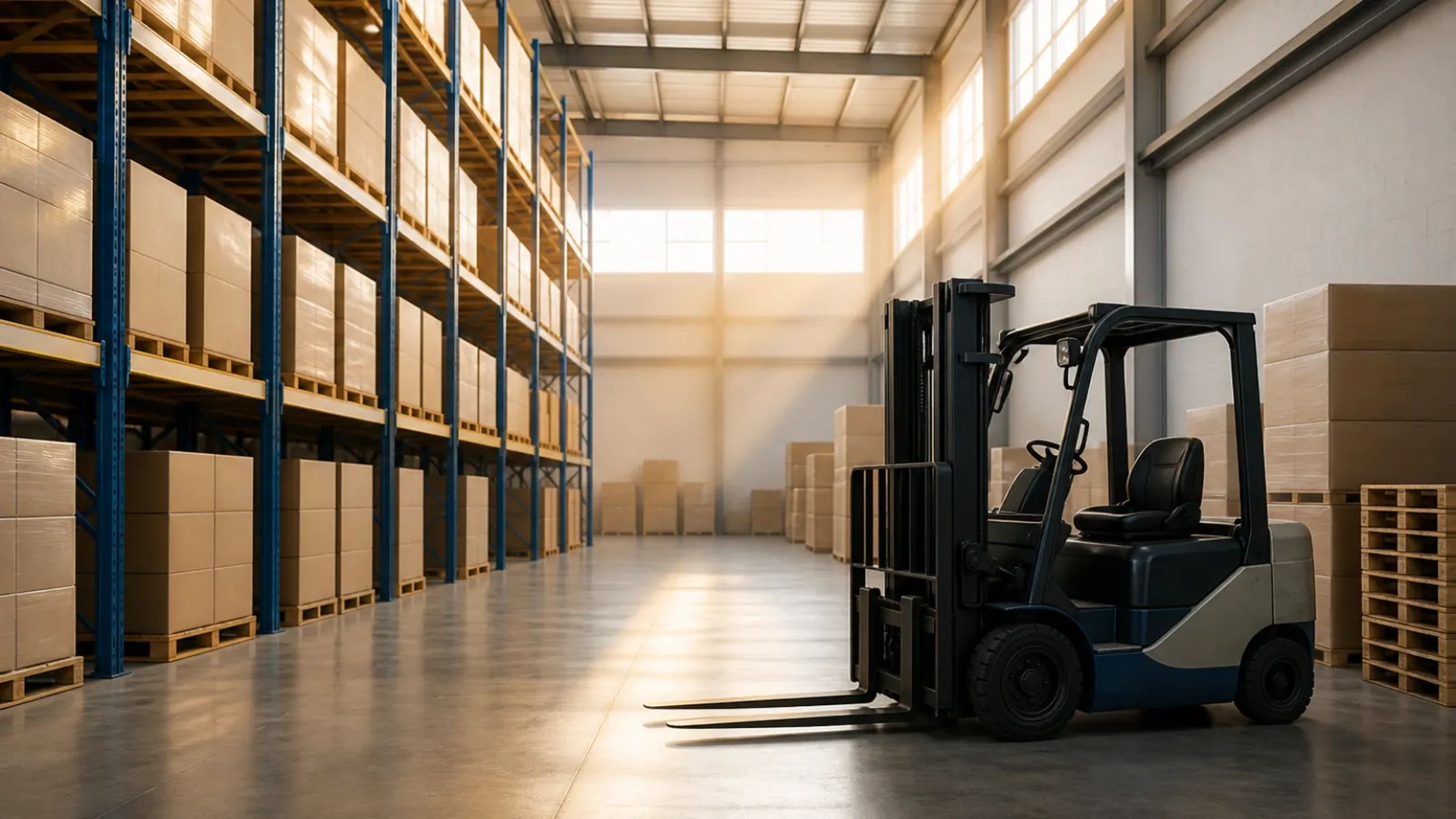 A warehouse aisle with tall pallet racks full of boxes and a parked forklift