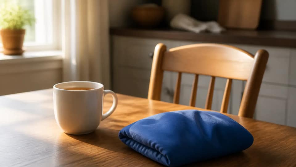 A mug of tea and a blue ice pack on a kitchen table in morning light, the kind of quiet morning when pain from an accident can show up later