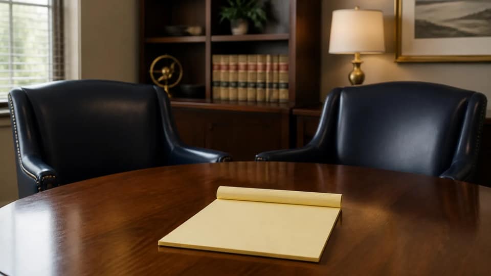 A law office consultation table with two leather chairs and a yellow legal pad, set for a first meeting about a possible injury case