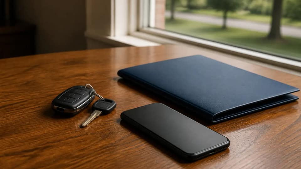 Car keys, a smartphone and a closed folder on a wooden table by a window