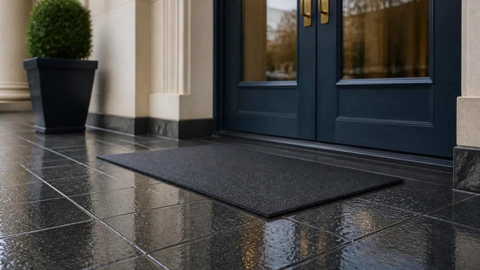 A rain-wet tiled entryway and doormat in front of a building's double doors, a common place for slip-and-fall injuries