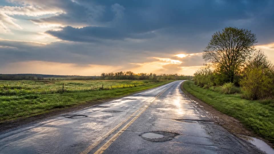 A wet two-lane country road with potholes running through green spring fields under a cloudy sky at sunset