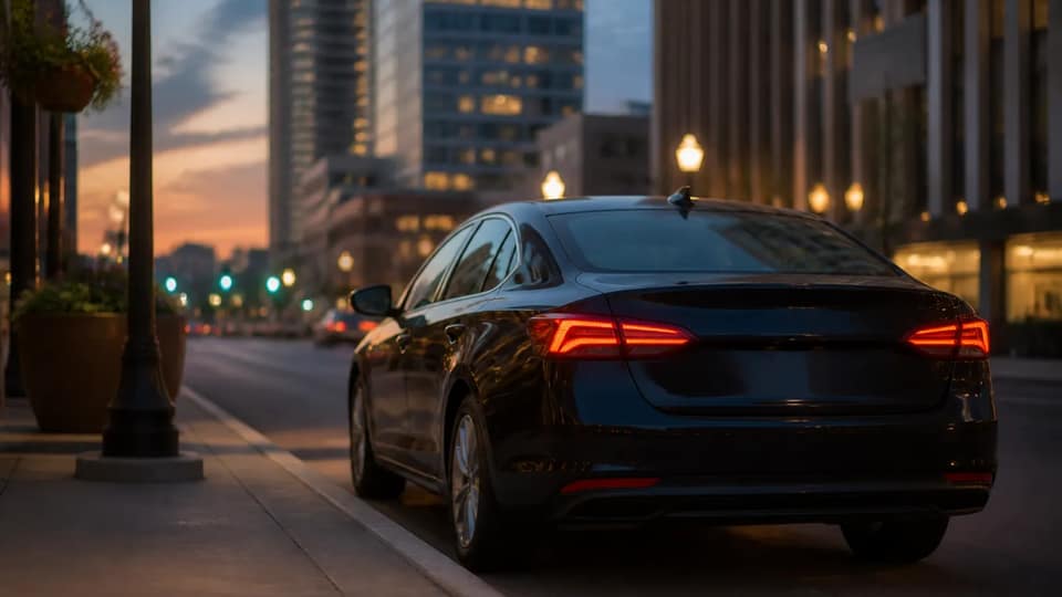 A dark sedan parked at a downtown curb at dusk, like a car waiting for a rideshare pickup